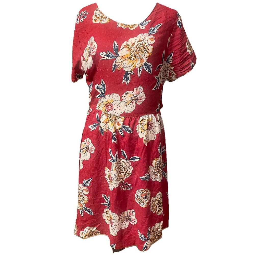 Roxy Hello Cilento Floral Dress L Tomato Red Open Back Tie Cutout Boho Twee Y2K